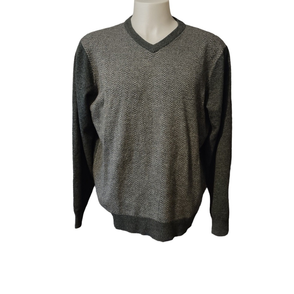 Haggar Sweater XL Mens Herringbone V-Neck Charcoal Grey Norm Core Cabin Core XL